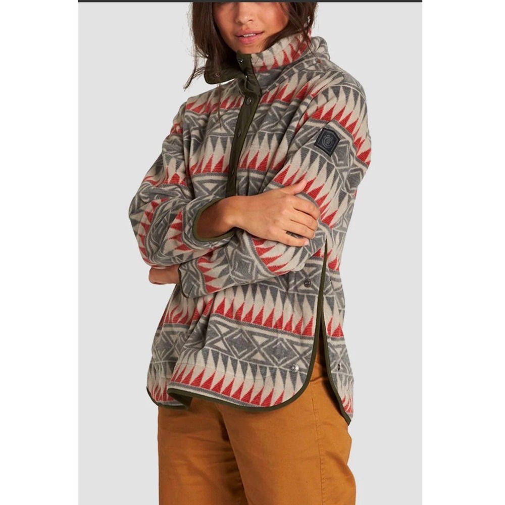 Element Fleece Pullover Women XS Grey Red Aztec Wolfeboro Snap Neck Geometric‎